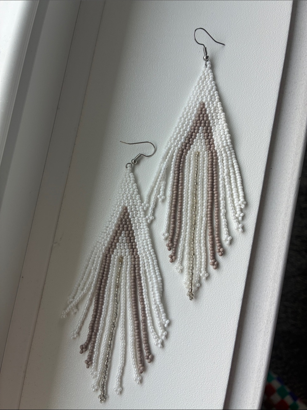 Beaded Fringe Dangle Earrings - White & Taupe